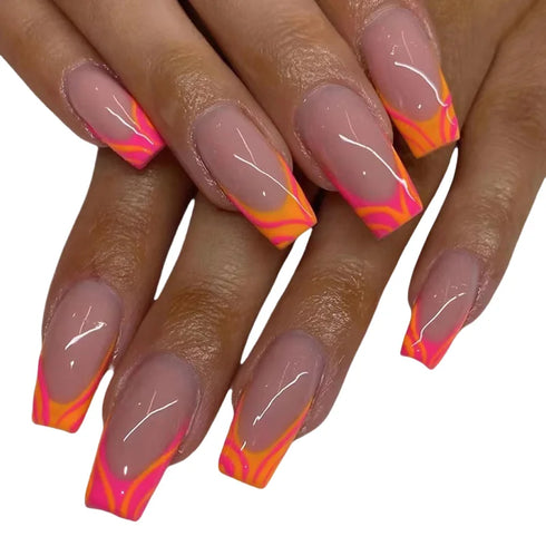 24Pcs Medium Long Halo French Press On Nails Set - Full Coverage Fake Nails for Effortless Nail Art, Removable and Stylish Decorative Tips for Girls and Nail Enthusiasts