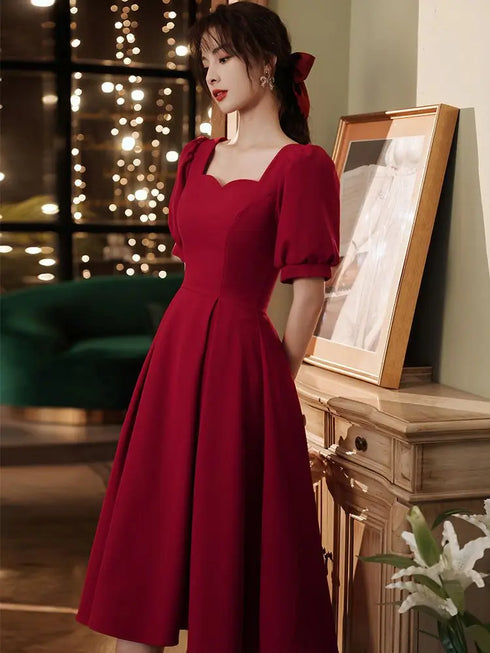 Elegant Red Midi Dress Women Summer Vintage Evening Party Dress Casual Fashion Formal Occasions One Piece Dress