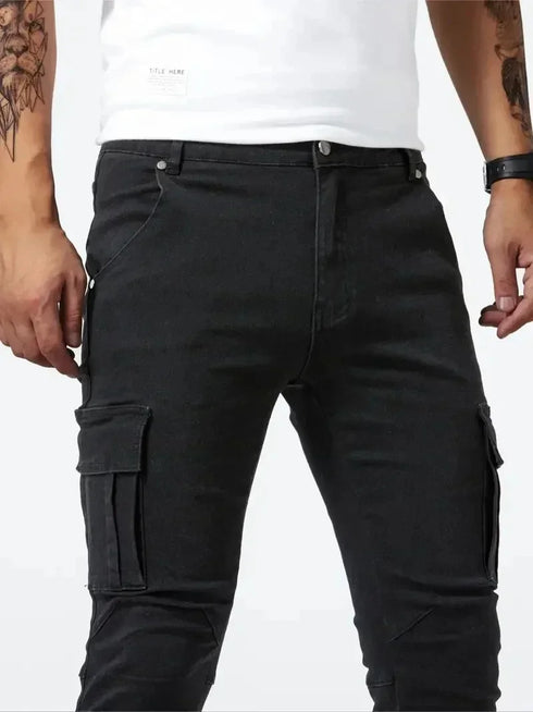 Elastic Denim Cargo Jeans For Men Slim Fit With Pockets Daily Wear