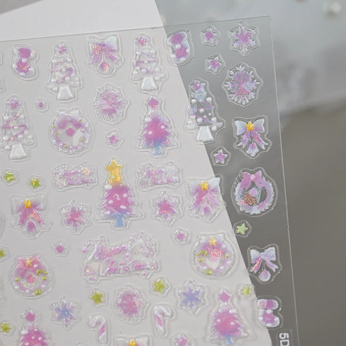 Adorable Pink Christmas Nail Art Stickers with Shiny Shells, Cute Snowflakes, Stars, and Wreaths - 5D Embossed Nail Decorations for Festive Nail Designs