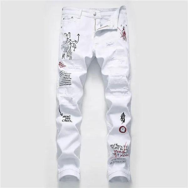 Punk Style Ripped Denim Jeans for Men - Casual Hip Hop Skinny Trousers with Printed Design, Perfect for Motorcycle Rides and Streetwear Fashion