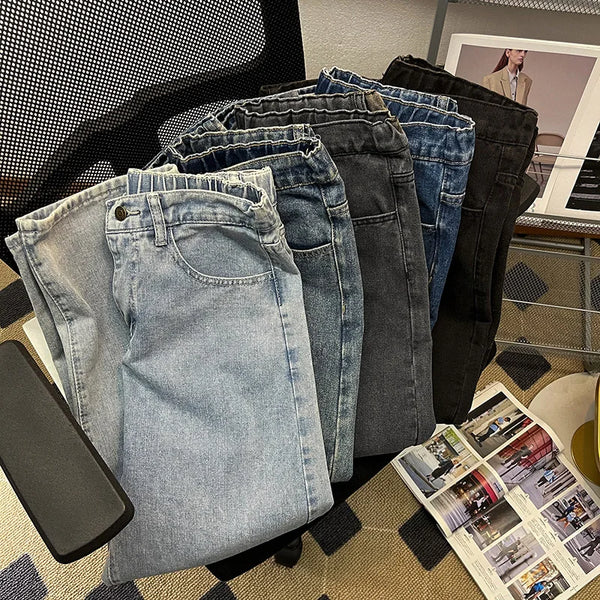 Men Baggy Jeans Korean Fashion Elastic Waist Denim Pants