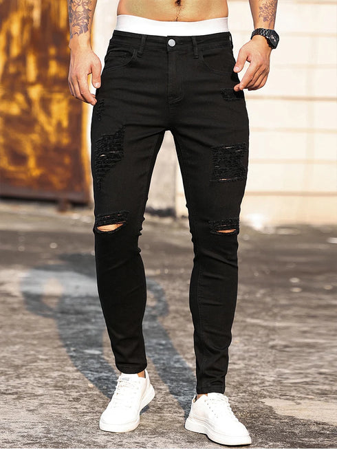 Trendy Men's Ripped Denim Pencil Pants for Casual Street Style