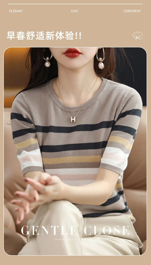 Summer Short Sleeve Women's O Neck Slim Cotton Striped Pullover Knit Sweater Top