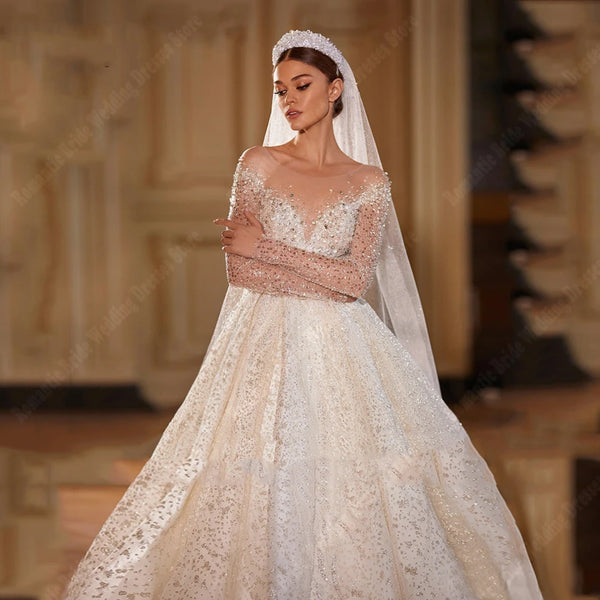 Elegant Sequin A-Line Bridal Gown with Long Sleeves and V-Neck Design