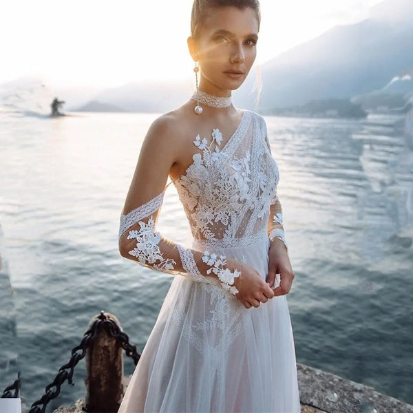 Boho Beach Wedding Dress A-Line With Lace Appliques Vintage Chic Bridal Gown Elegant Custom Made