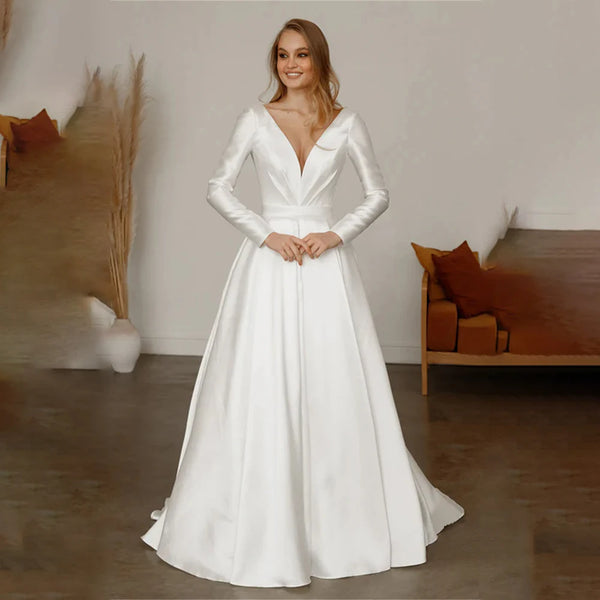 Satin A-Line Long Sleeve Wedding Dress With V-Neck And Lace Up Back, Custom Made Bridal Gown