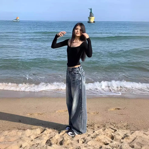 90s Grunge High Waist Wide Leg Denim Pants for Women - Casual Streetwear Style, Perfect for Fall Outfits with Jeans, Oversized Baggy Look