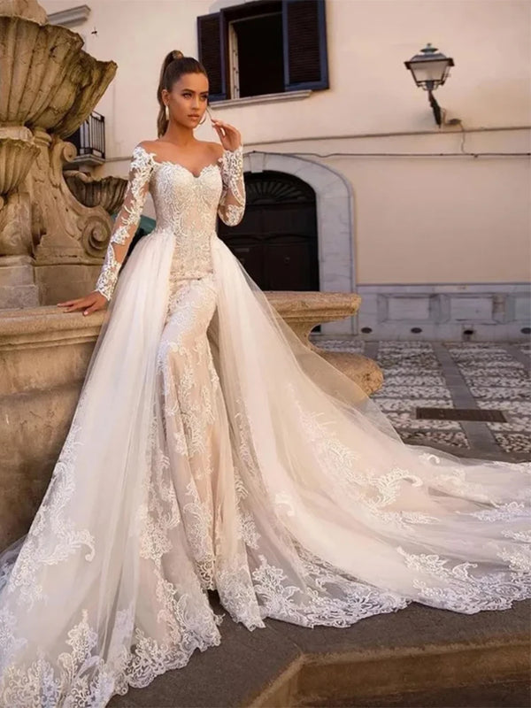 Luxury Mermaid Wedding Dresses O-neck Long Sleeve Appliques Lace Gowns