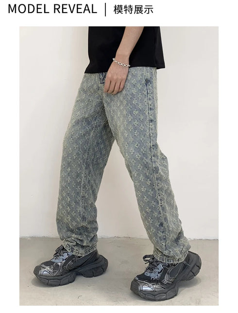 Black Men's Designer Jeans Straight Leg Baggy Denim Trousers