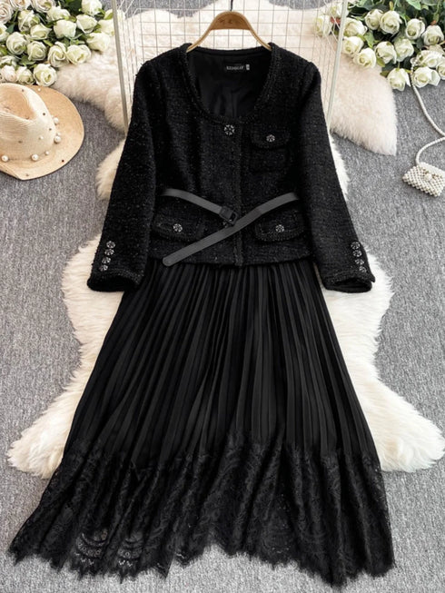 Hepburn Elegant Long Tweed Dresses Women Autumn Party Luxury Robe