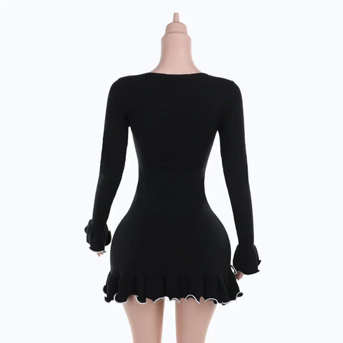 Knitted Ruffle Mini Dress for Women Elegant Bodycon Knit Sweater Dress for Autumn Winter