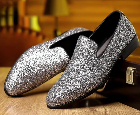Elegant Men's Sequin Loafers for Weddings and Formal Parties - Designer Slip-On Flats with Pointed Toe and Comfortable PU Insole