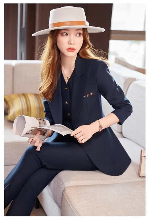 Chic Korean Fashion Women's 3-Piece Blazer Suit Set with Long Sleeve Vintage Jacket and Vest + Slim Straight Pencil Pants for Elegant Business Outfits