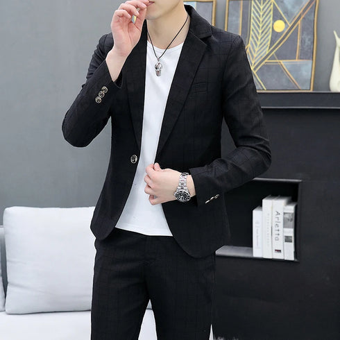 Korean Slim Fit Two-Piece Suit Set for Men Casual Trendy British Style Coat and Trousers