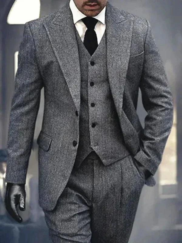 3 Pieces Men's Grey Herringbone Suits Formal Slim Fit Tuxedos