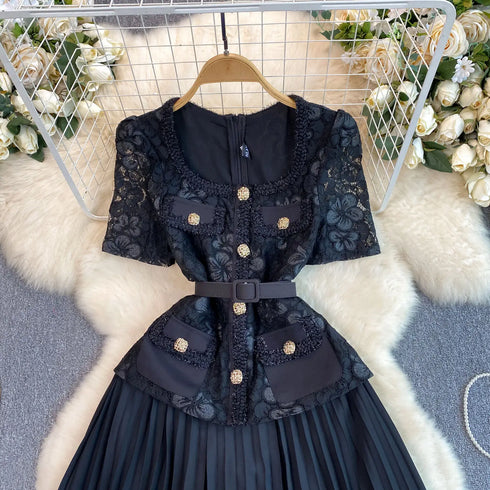 Runway Spring Pleated Chiffon Lace Party Long Dress Midi Dresses