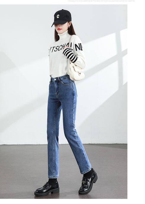 Women's Winter Fleece Warm Jeans Retro Slim Straight Denim Pants