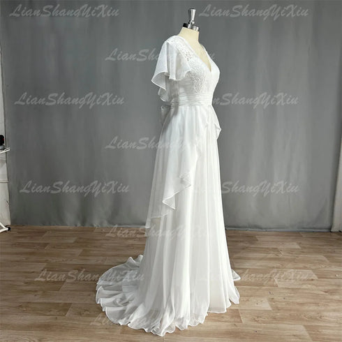Boho V Neck Wedding Dress Aline Backless Floor Length Chiffon Gown with Built In Bra Maternity Friendly