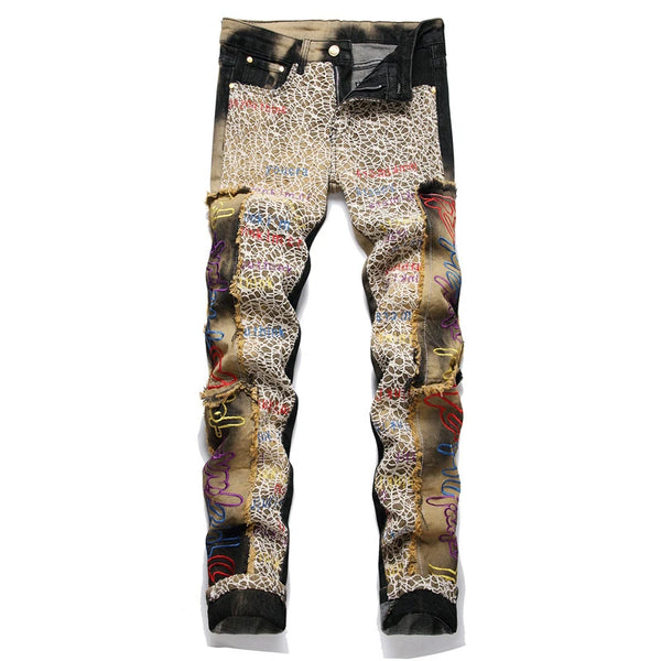 Punk Style Men's Alphabet Colored Embroidered Jeans Casual Denim Pants
