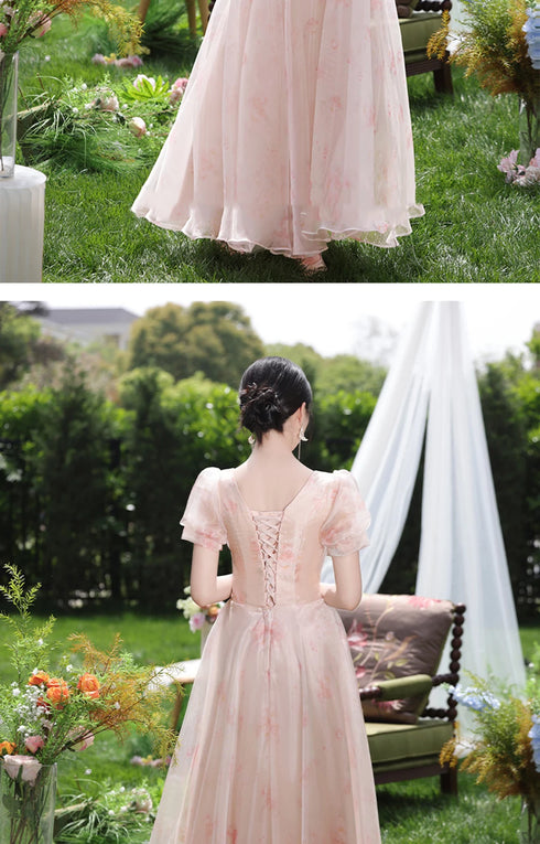 Off Shoulder Bridesmaid Dress Elegant Bubble Sleeve Floral Print Aline Gown For Party