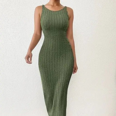 Solid Backless Tank Dress for Women - Summer Sleeveless Knitted Midi Dress