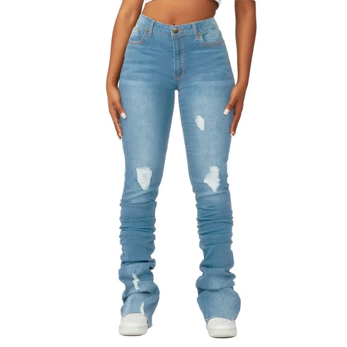 Washed Denim Straight Pants Women Ankle Length Jean Ripped Distressed Casual Skinny Vintage High Waist