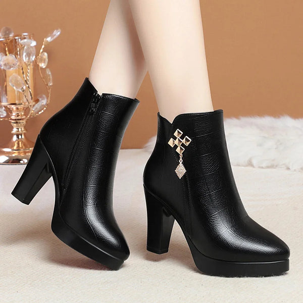 Women High Heels Soft Leather Ankle Boots Platform Fashion