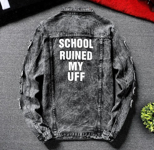 Men's Slim Fit Ripped Denim Jacket with Print for Hip Hop Style - Trendy Outerwear for Dance and Casual Wear