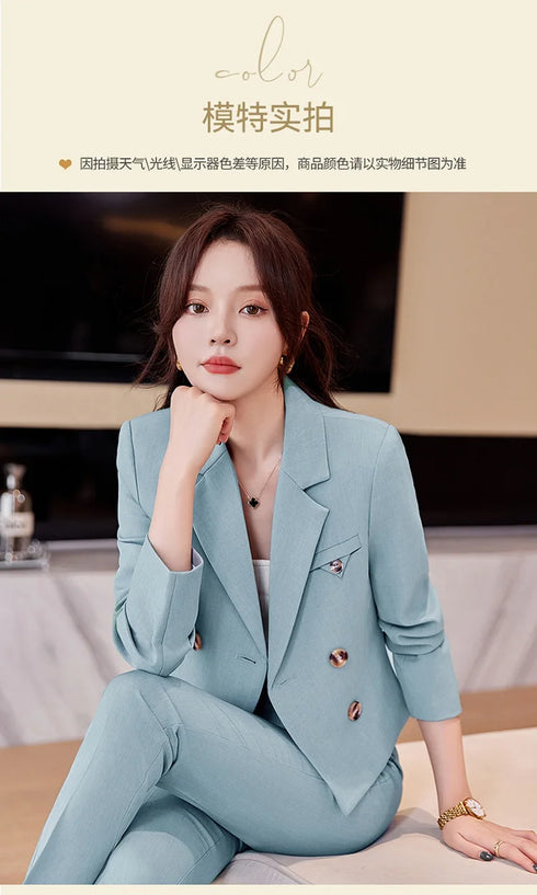 Chic Women's Office Suit Set: Long Sleeve Double Breasted Short Tops with Slim High Waisted Pencil Pants for Spring Fashion
