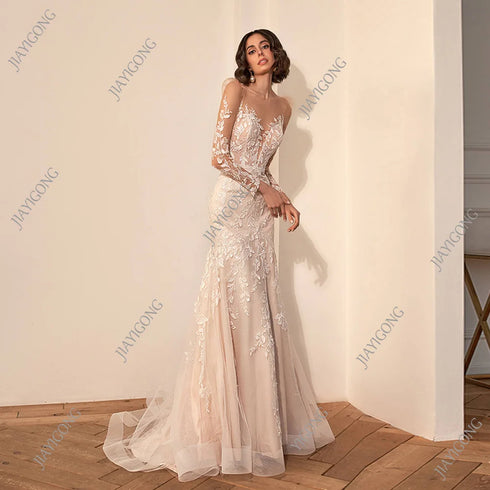 Wedding Dress Bridal Gown Mermaid Lace Illusion Long Sleeves Back Zipper Button Detail