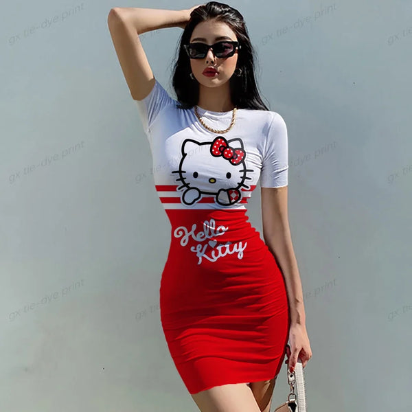 Hello Kitty Women's Summer Mini Party Dress Slim Sexy Y2K