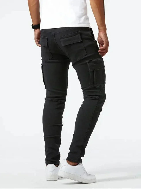 Elastic Denim Cargo Jeans For Men Slim Fit With Pockets Daily Wear