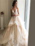 Champagne Floral Lace Beach Wedding Dresses Backless Ruffles Gowns for Bride