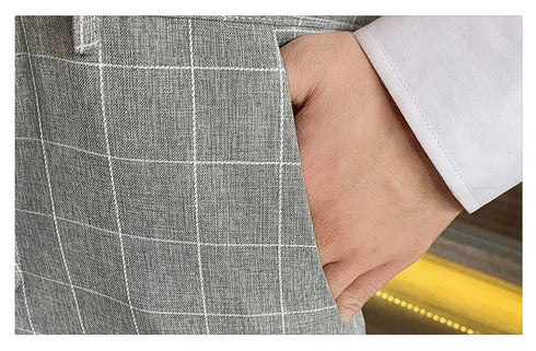 Autumn Men's Slim Fit Checkered Two-Piece Suit Korean Style Fashion Set