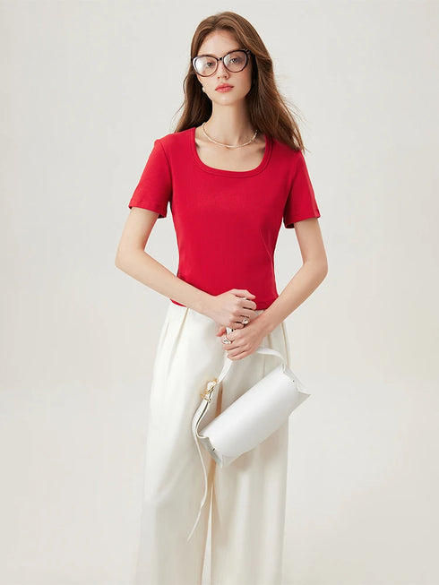 FSLE【4 Colors】Women Round Neck Casual Grey Summer T-Shirt Black Cotton Square Neck Short Sleeve Elastic Tees 24FS12797+24FS12798