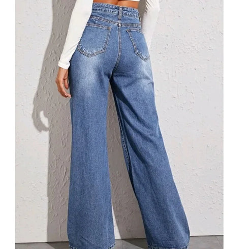 Blue Jeans for Women Wide Leg Denim Trousers High Waist Loose Elegant Pants