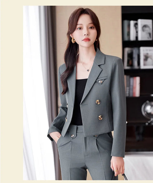 Chic Women's Office Suit Set: Long Sleeve Double Breasted Short Tops with Slim High Waisted Pencil Pants for Spring Fashion