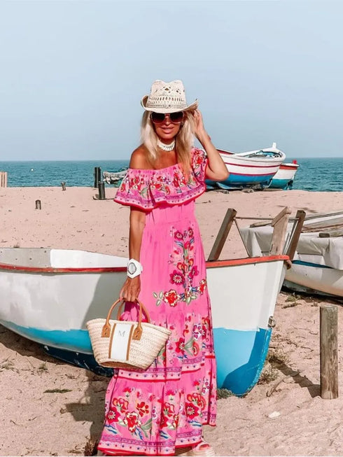 Elegant One-shoulder Short-sleeved Dress For Women Fashion Splicing Floral Print Dresses