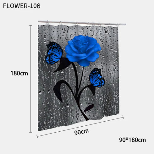 Red Rose and Butterfly Bathroom Mat and Shower Curtain Set Waterproof Eco-Friendly Design