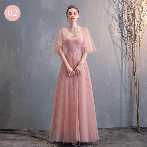 Bridesmaid Dress Tea-Length Tulle With Built-In Bra, V-Neck Pleated Design For Prom And Wedding Dress