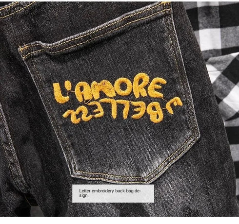 Luxury Streetwear Slim Fit Denim Jeans with 3D Embroidery Design for Casual Spring and Autumn Fashion - Perfect for Medium Wash Jeans Outfit and Punk Style