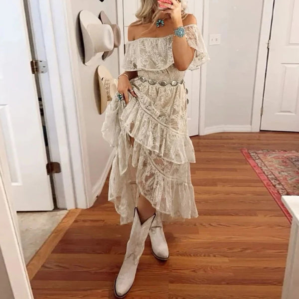Fashion Embroidery Ruffle Long Dress Elegant Strapless Irregular Bohemian Dress Women Beach Dress