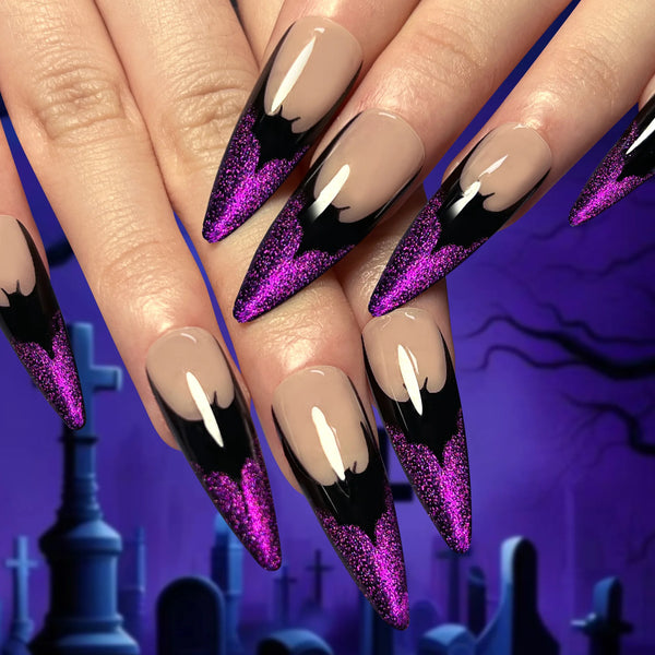 Glamorous Long Pointed False Nails with Purple Glitter Powder for Halloween – 24-Piece Detachable Press-On Nail Set with Glue for Parties and Vacations