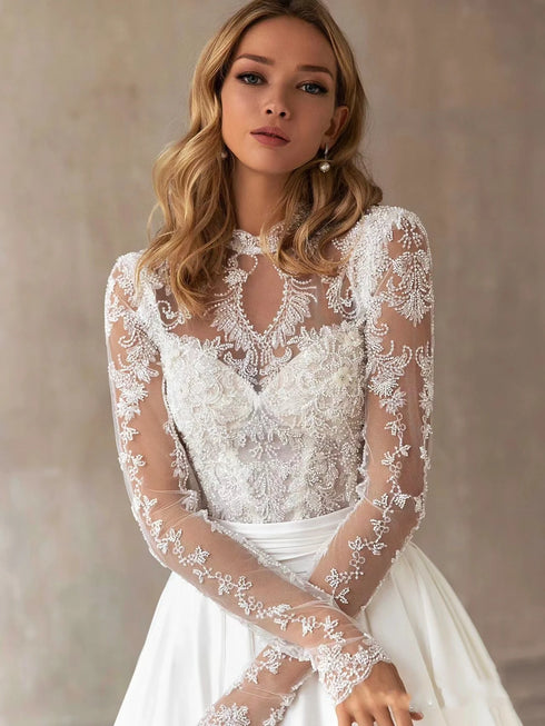 Beautiful Wedding Dresses With Detachable Train O-Neck Long Sleeves Bridal Gowns Lace Appliques