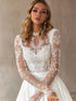 Beautiful Wedding Dresses With Detachable Train O-Neck Long Sleeves Bridal Gowns Lace Appliques