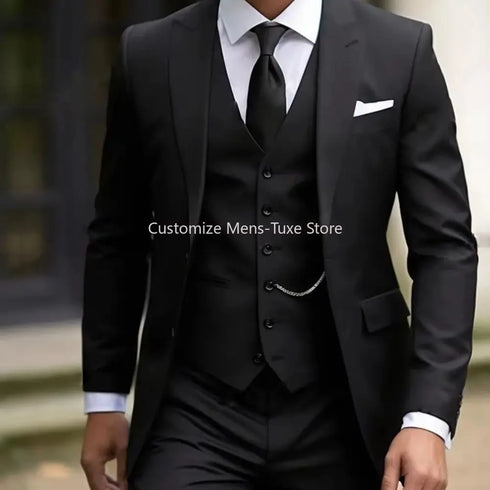 Men's Business Tuxedo 3 Piece Suit Set - Formal Jacket, Vest & Pants for Wedding, Prom & Groomsmen