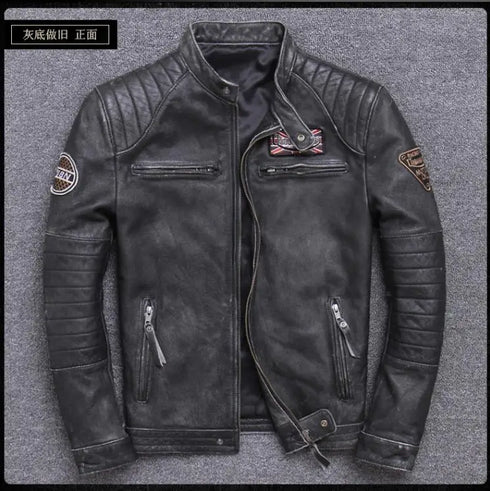 Vintage Genuine Leather Biker Jacket for Men – Slim Fit Cowhide Motorcycle Outerwear with Pockets and Embroidery Details for All Seasons