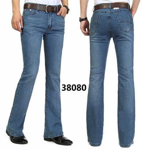 Male Bell Bottom Denim Trousers Slim Black Boot Cut Jeans Casual Business Flares Pants