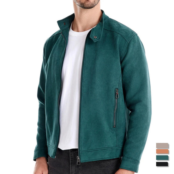 Men's Casual Suede Trucker Jacket with Stand Collar and Zip Closure - Fashionable Faux Leather Outerwear for Autumn and Winter